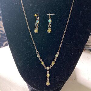 1928 Necklace & Earring Set, Green Stone